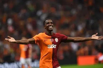 Wilfried Zaha of Galatasaray celebrates after scoring the second goal of his team during the Turkish Super League match