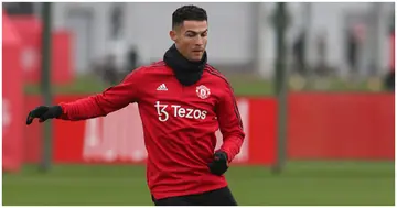 Cristiano Ronaldo in action during a first-team training session at Carrington Training Ground. Photo by Matthew Peters.