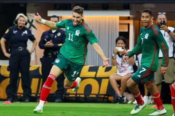 Mexico forward Santiago Gimenez celebrates after scoring the game-winner in Mexico's 1-0 victory over Panama in the CONCACAF Gold Cup final