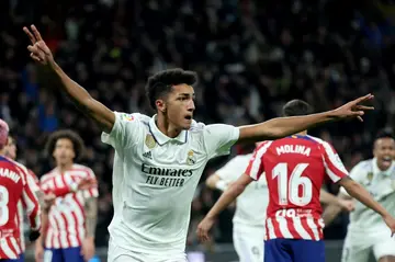 Real Madrid's Uruguayan forward Alvaro Rodriguez scored his team's first goal against Atletico