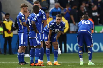 Leicester players react to their relegation from the Premier League