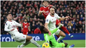 Sofyan Amrabat against Liverpool at Anfield. Photo: Clive Brunskill.