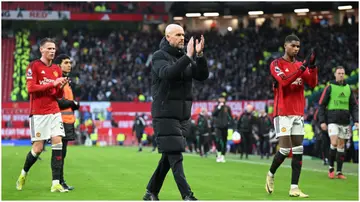 Erik ten Hag applauds the fans during the Premier League match between Manchester United and Fulham FC at Old Trafford. Photo by Michael Regan.