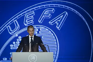 Aleksander Ceferin delivers a speech at the UEFA Congress in Lisbon on Wednesday