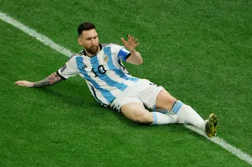 Lionel Messi celebrates after putting Argentina ahead from the penalty spot