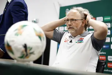 Gambian coach Tom Saintfiet speaking to press in Yamoussoukro on Sunday