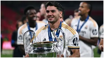 Brahim Diaz, pictured celebrating Real Madrid winning the UEFA Champions League on June 1, 2024, has welcomed new signing, Kylian Mbappe.