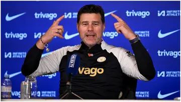 Mauricio Pochettino gestures during a press conference at Chelsea Training Ground. Photo by Darren Walsh.