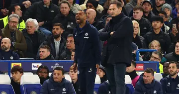 Ashley Cole reacts as Chelsea Manager Frank Lampard looks on during the UEFA Champions League Quarterfinal second leg match between Chelsea FC and Real Madrid at Stamford Bridge. Photo by Chris Brunskill.