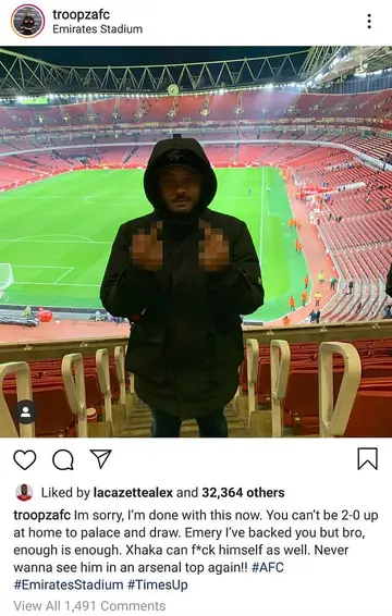 Alexandre Lacazette "likes" Instagram post telling Xhaka, Emery to leave Arsenal