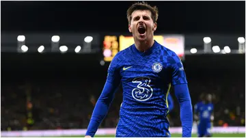 Mason Mount celebrates after scoring during the Premier League match between Watford and Chelsea at Vicarage Road. Photo by Darren Walsh.