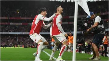 Gabriel Martinelli celebrates after scoring during the Premier League match between Arsenal FC and Manchester City at Emirates Stadium. Photo by Stuart MacFarlane.