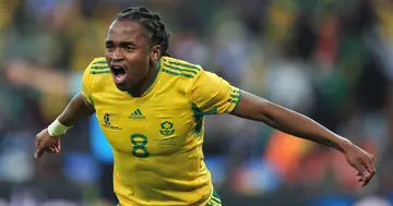 Siphiwe Tshabalala celebrates scoring for Bafana Bafana,