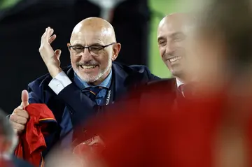 Spain coach Luis de la Fuente celebrates after his country beat Croatia on penalties to win the Nations League on Sunday