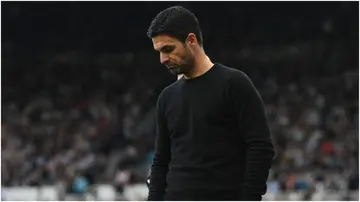 Mikel Arteta reacts during the Premier League match between Newcastle United and Arsenal FC at St. James' Park. Photo by Stuart MacFarlane.
