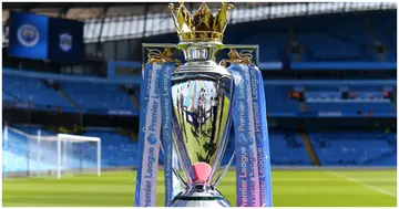 The Premier League trophy on display prior to the Premier League match between Manchester City and Huddersfield Town at Etihad Stadium. Photo by Michael Regan.
