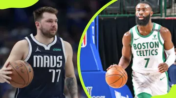 Luka Doncic and Jaylen Brown at the American Airlines Center in Dallas