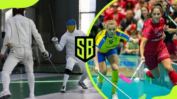 Two athletes in a fencing game on the left and on the right are two female floorball players