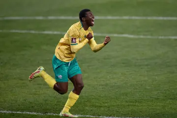 Bongokuhle Hlongwane celebrating for Bafana Bafana.