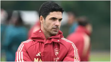 Arsenal manager Mikel Arteta looks on during a training session at London Colney. Photo by Stuart MacFarlane.