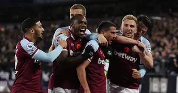 West Ham players celebrating after stunning Liverpool. Photo: Getty Images.