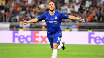 Eden Hazard celebrates after scoring during the UEFA Europa League Final between Chelsea and Arsenal at Baku Olimpiya Stadionu. Photo by Michael Regan.