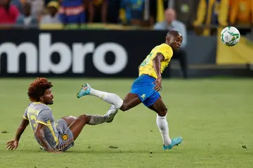Namibian Peter Shalulile (R) scored in the South African Premiership on his return to the Mamelodi Sundowns side after a long injury absence.