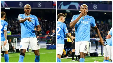 Napoli's Victor Osimhen celebrates after scoring his ninth goal of the season against Barcelona in the UEFA Champions League Round of 16.