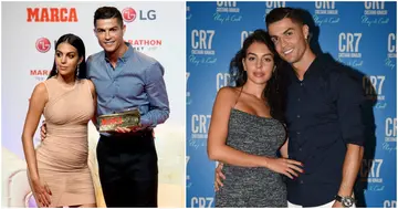A composite of Georgina Rodriguez and Cristiano Ronaldo posing for photos at various events in recent years.