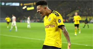 Sancho celebrates a goal while in action for Dortmund. Photo: Getty Images.