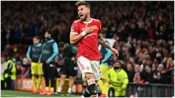 Alex Telles celebrates after scoring during the UEFA Champions League Group F match between Manchester United and Villarreal CF at Old Trafford. Photo by Michael Regan.
