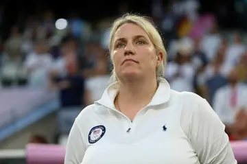 United States coach Emma Hayes watches on during her team's 4-1 win over Germany in Marseillle in the women's Olympic football tournament on Sunday