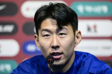 Son Heung-min speaks during a press conference on Wednesday