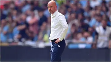 Erik ten Hag looks dejected during the Emirates FA Cup Final match between Manchester City and Manchester United at Wembley Stadium. Photo by Will Palmer.