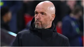 Erik ten Hag looks on during the Premier League match between Man United and  Brentford at the Gtech Community Stadium. Photo by Adam Davy.