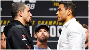 Robert Whittaker and Paulo Costa face off during the UFC 298 press conference at Honda Center. Photo: Chris Unger/Zuffa.