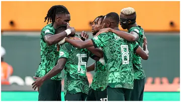  Ademola Lookman celebrates scoring his team's first goal with teammates during the Africa Cup of Nations 2023 quarter-final football match between Nigeria and Angola. Photo: FRANCK FIFE.