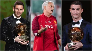 Lionel Messi with a Ballon d'Or award; Jose Mourinho; Cristiano Ronaldo with a Ballon d'Or award.