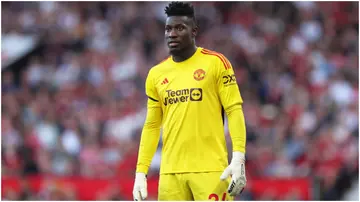 Andre Onana looks on during the Premier League match between Manchester United and Brentford FC at Old Trafford.Photo by Alex Livesey.