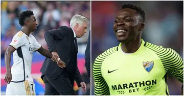 Real Madrid coach, Carlo Ancelotti leads Vinicius Junior off the field; Cameroon legend, Carlos Kameni in action.