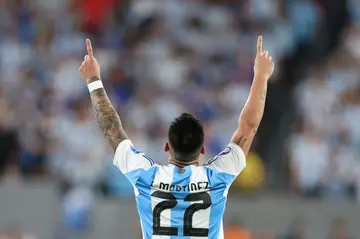 Argentina's forward Lautaro Martinez celebrates his winning goal in the 1-0 victory over Chile in Copa America on Tuesday.