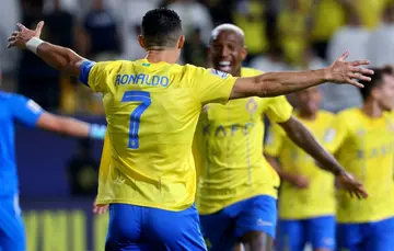 Anderson Talisca celebrates his goal for Al Nassr with  Cristiano Ronaldo