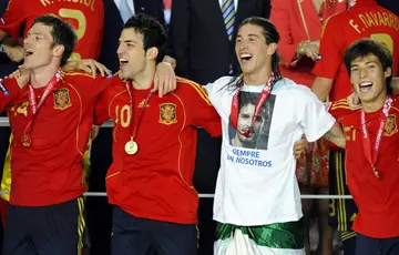 Xabi Alonso (left) with fellow Spain midfielder Cesc Fabregas, defender Sergio Ramos and midfielder David Silva after winning the Euros in 2008