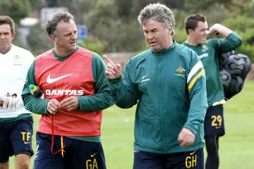 Guus Hiddink (R) and Graham Arnold in the lead-up to the 2006 World Cup
