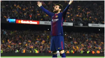  Lionel Messi celebrates after scoring during the La Liga match between Barcelona and Real Madrid at Camp Nou in 2018. Photo by David Ramos.