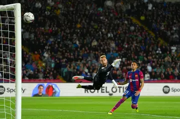 Barcelona's Brazilian forward Raphinha heads home past Las Palmas goalkeeper Aaron Escandell