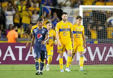 Andre-Pierre Gignac (center) scored twice in Tigres UANL's 5-0 thrashing of Honduras’ Motagua in the CONCACAF Champions League quarter-finals