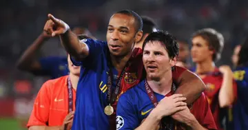 Henry and Messi sharing a moment together at the Stadio Olimpico in 2009 after defeating Manchester United in the UEFA Champions League finals. Photo credit: @BarcaUniversal