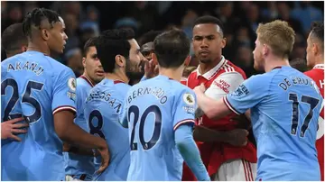 Arsenal and Man City players clash during their Premier League match at the Etihad Stadium. Photo by Stuart MacFarlane.