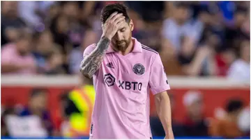 Lionel Messi reacts to a missed shot in the second half of the Major League Soccer match against the New York Red Bulls. Photo by Ira L. Black.